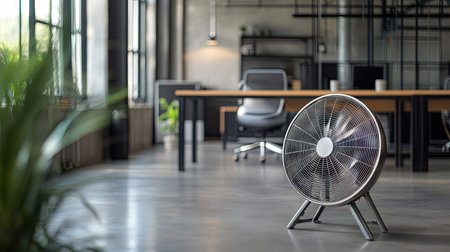A modern office with a metal fan on the floor, cooling the space, with a stylish desk and contemporary office chair in the background.の素材