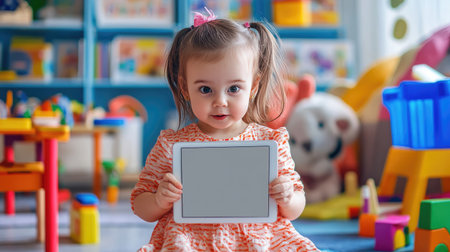 A little girl holding a blank tablet computer, with an excited expression, surrounded by educational toys and colorful decor.の素材