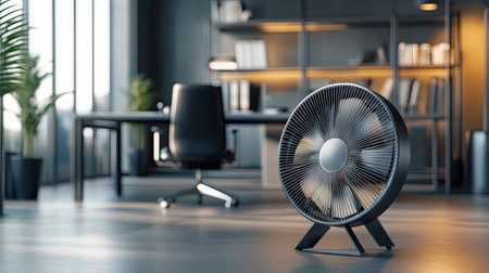 A modern office with a metal fan on the floor, cooling the space, with a stylish desk and contemporary office chair in the background.の素材