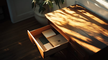 A partially opened drawer on a wooden table, with the light from a nearby window casting shadows on the items inside, creating a warm, inviting atmosphere.の素材