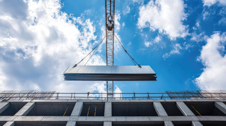 A metal sheet being hoisted by a crane at a construction site, ready to be placed on the roof of an industrial building in the final stages of construction.の素材