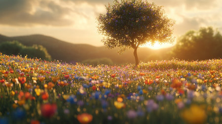 A lone tree standing amidst a vibrant field of wildflowers, bathed in the warm glow of the afternoon sun, with a gentle breeze rustling the petals.の素材