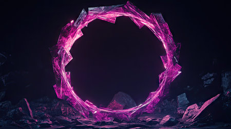 A neon geometric circle in electric pink and purple hues, softly glowing on a black background. The sharp edges of the circle create an intriguing, tech-inspired aesthetic.の素材