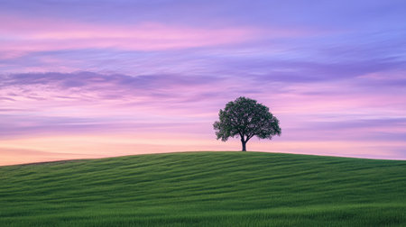 A lone tree standing alone on a hilltop, overlooking a sprawling green field, with the sky painted in shades of purple and pink at sunset.の素材