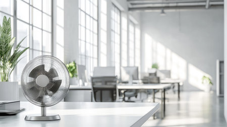 A metal fan placed on a desk in a bright, airy modern office, with clean white walls and a minimalist design.の素材