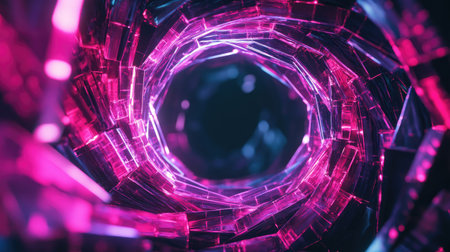 A neon geometric circle in electric pink and purple hues, softly glowing on a black background. The sharp edges of the circle create an intriguing, tech-inspired aesthetic.の素材