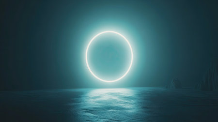 A minimalistic design with a glowing neon circle in soft cyan, surrounded by a shadowy background. The circle's bright glow stands out in the dark space, creating depth.の素材