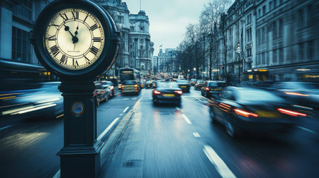 A busy urban street scene at rush hour with cars zooming by, accompanied by a clock that's spinning rapidly.の素材