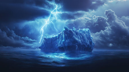 A dramatic iceberg with lightning flashing behind it, its submerged bulk a mystery in the deep.の素材