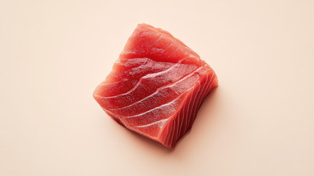 A fresh tuna fish with its vibrant red flesh and clean cut, positioned on a neutral, simple background.の素材