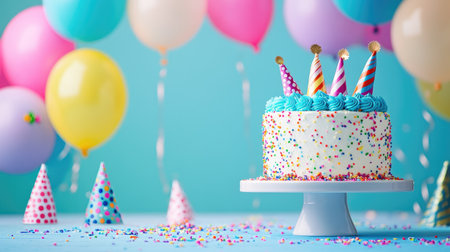 A fun birthday celebration with a bright cake, floating helium balloons, and party hats.の素材