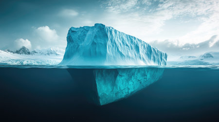 A dramatic iceberg towering above the ocean, with a vast hidden mass lurking below.の素材