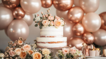 A floral-inspired birthday celebration with a delicate cake, rose gold balloons, and elegant decor.の素材