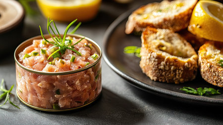 A can of fresh gourmet tuna placed next to a fresh, gourmet tuna tartare served with crispy crostini.の素材