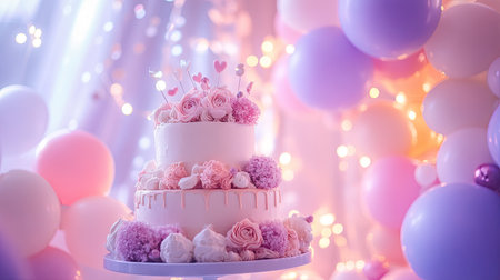 A dreamy birthday party setting with a tiered cake, pastel balloons, and sparkling fairy lights.の素材
