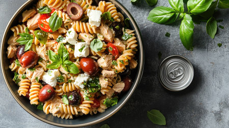 A can of gourmet tuna next to a bowl of vibrant Mediterranean pasta salad with olives, feta, and fresh herbs.の素材