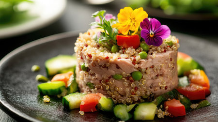A gourmet meal featuring canned tuna on a bed of quinoa, garnished with edible flowers and fresh veggies.の素材