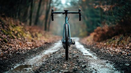 A front-view shot of a high-performance gravel bike on a rugged dirt track.の素材