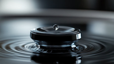 A high-speed close-up of a single water drop rebounding from a splash, frozen in sharp clarity.の素材