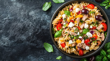 A can of gourmet tuna next to a bowl of vibrant Mediterranean pasta salad with olives, feta, and fresh herbs.の素材