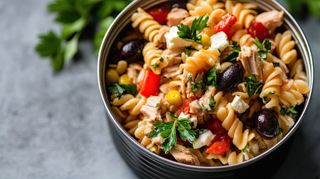 A can of gourmet tuna next to a bowl of vibrant Mediterranean pasta salad with olives, feta, and fresh herbs.の素材