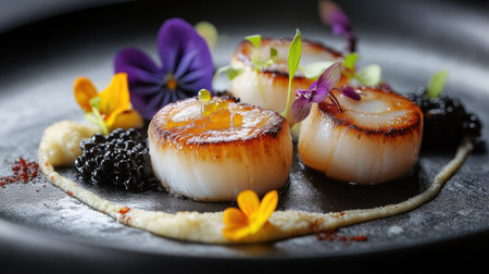 A high-end gourmet plate featuring seared scallops with edible flowers and premium caviar, designed for a fine dining experience.の素材