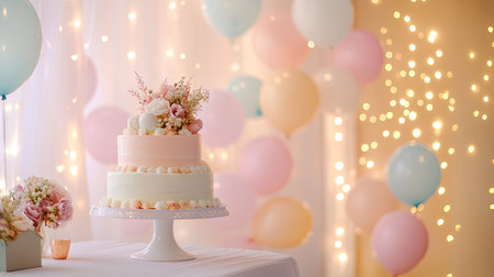 A dreamy birthday party setting with a tiered cake, pastel balloons, and sparkling fairy lights.の素材
