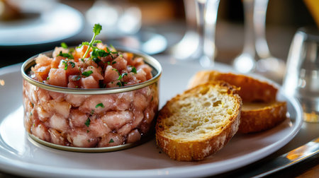 A can of fresh gourmet tuna placed next to a fresh, gourmet tuna tartare served with crispy crostini.の素材