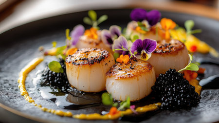 A gourmet dish with seared scallops, adorned with a burst of colorful flowers and black caviar for a luxurious touch.の素材