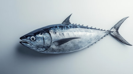 A fresh whole tuna fish with a sleek, shiny appearance placed on a plain backdrop for focus.の素材