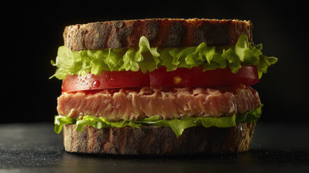 A gourmet sandwich made with canned tuna, whole-grain bread, lettuce, and tomato, garnished with fresh herbs.の素材