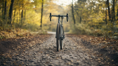 A front-view shot of a high-performance gravel bike on a rugged dirt track.の素材