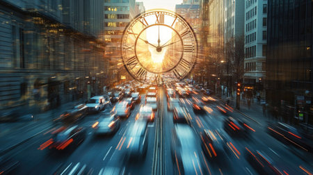 A busy city street filled with cars during rush hour, overlaid with a clock quickly spinning, showing the rush of time.の素材