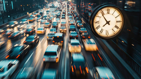 A bustling rush hour highway filled with moving cars, with a blurred, fast-moving clock spinning in the corner.の素材