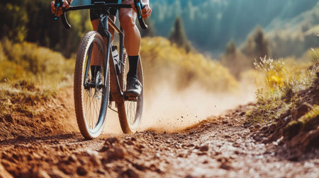 A high-performance gravel bike with deep-section wheels on a dusty trail.の素材