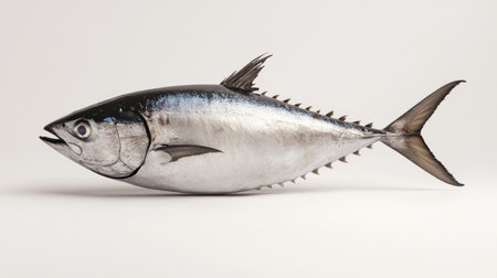 A fresh whole tuna fish with a sleek, shiny appearance placed on a plain backdrop for focus.の素材
