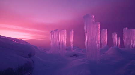 A frozen landscape with long icicles glowing in the pink and purple twilight sky.の素材