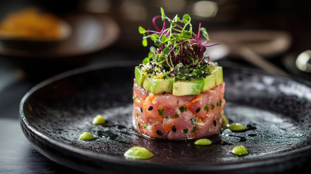 A gourmet tuna tartare made from canned tuna, avocado, and microgreens, presented on a sleek black plate.の素材