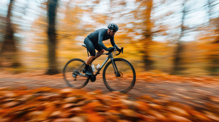 A gravel bike rider moving through autumn leaves, with motion blur adding a sense of speed.の素材