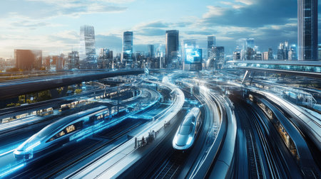 A futuristic transportation hub with interconnected trains, electric vehicles, and digital technology integration.の素材
