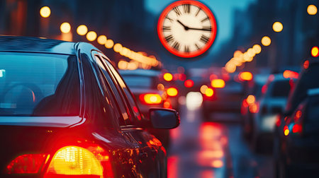 A slow-moving car in rush hour traffic with a clock rapidly spinning overhead, emphasizing the passage of time.の素材