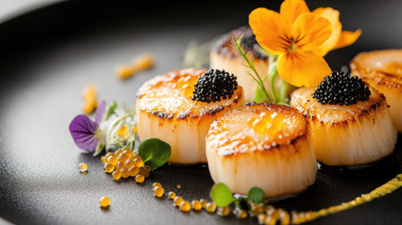 A high-end gourmet plate featuring seared scallops with edible flowers and premium caviar, designed for a fine dining experience.の素材
