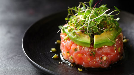 A gourmet tuna tartare made from canned tuna, avocado, and microgreens, presented on a sleek black plate.の素材