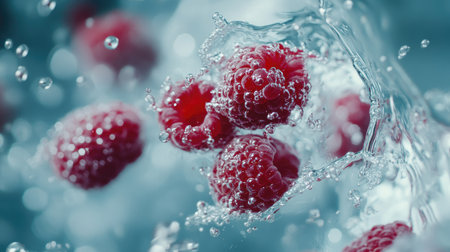 A handful of raspberries falling into water in slow motion, with crisp details of splashes and bubbles.の素材