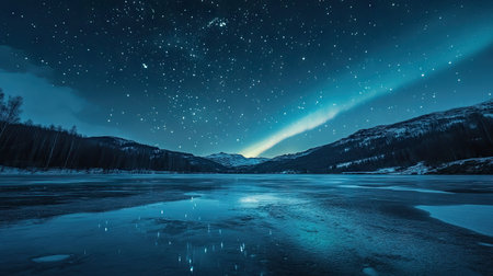 A frozen lake at night, illuminated by the glow of the northern lights above.の素材