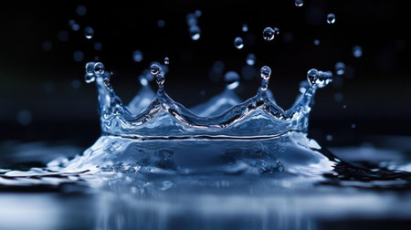 A dynamic splash of water shaped like a crown, frozen in motion with tiny droplets suspended in the air.の素材