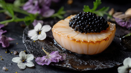 A gourmet scallop dish artfully presented with delicate flowers and caviar, creating an elegant and luxurious dining experience.の素材