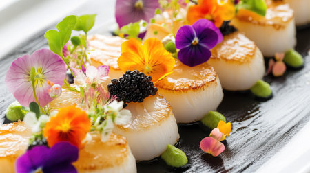 A gourmet platter of scallops artfully arranged with colorful edible flowers and caviar, ready for a refined meal.の素材