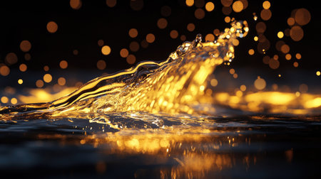 A golden-lit water splash, shimmering as it breaks the darkness of the background.の素材