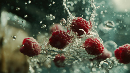 A handful of raspberries falling into water in slow motion, with crisp details of splashes and bubbles.の素材
